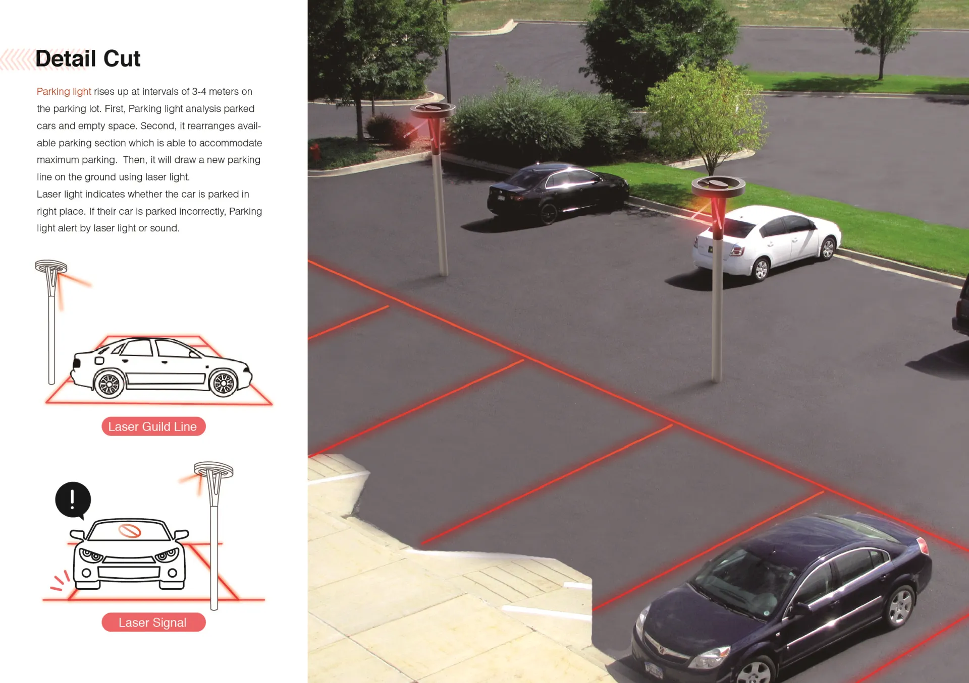 Parking light是有效的提高車位不足的問題的解決方案。把Parking light以3-4個為間隔來隔開 設在停車場里。而它會收集已經已滿的車位和空餘的車位信息，然後最大限度的把所有剩下的車位重新佈置 最後利用光線在地面上畫出新的停車線。