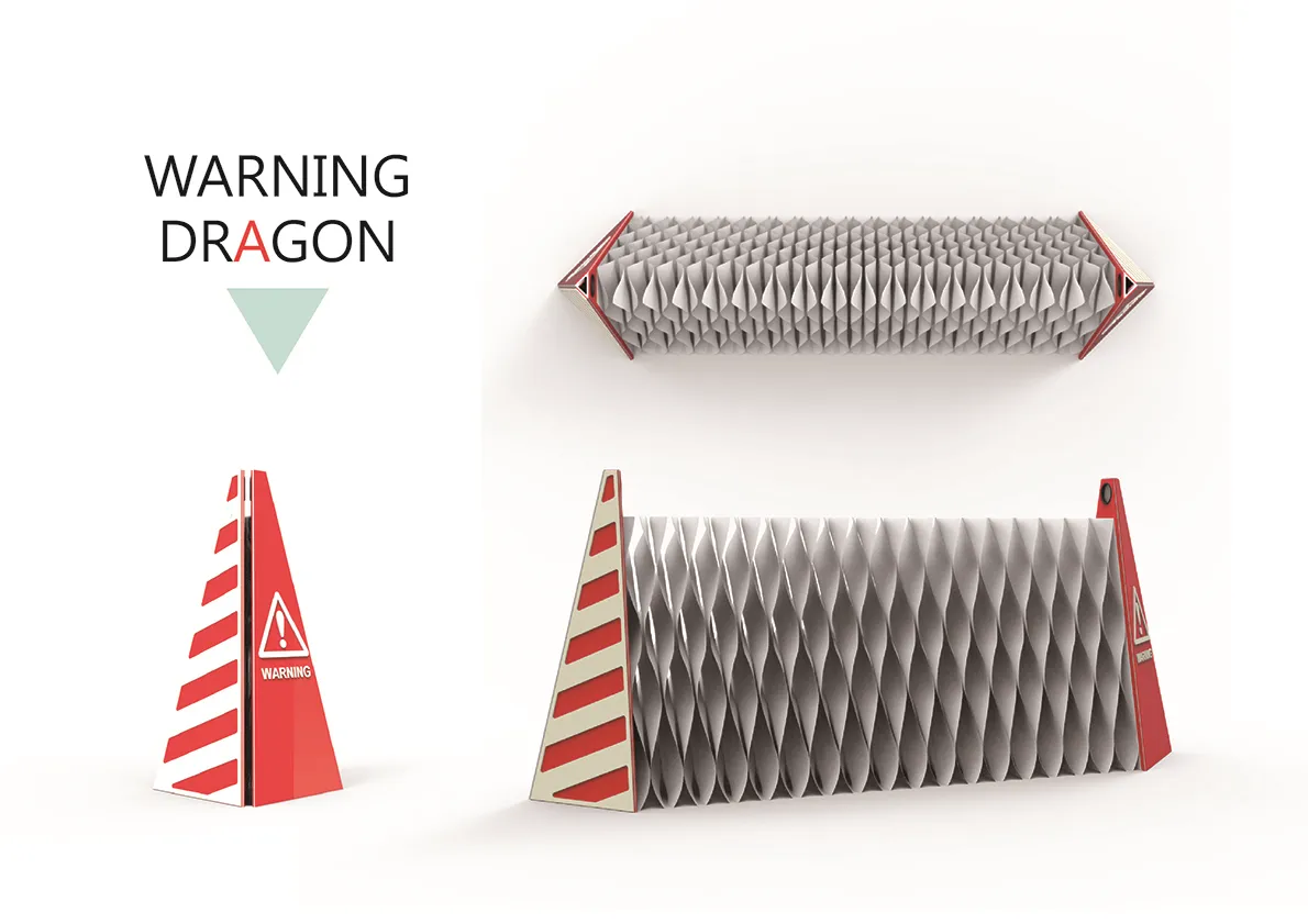 打破以往在室內封鎖時需要麻煩的拿出一堆封鎖器材，將一般的三角錐進行結構上的改良，讓它能夠取代笨重的紅絨或容易被扯斷的封鎖線，不僅能夠當一般三角錐使用，也能拉長伸縮出所需的範圍。