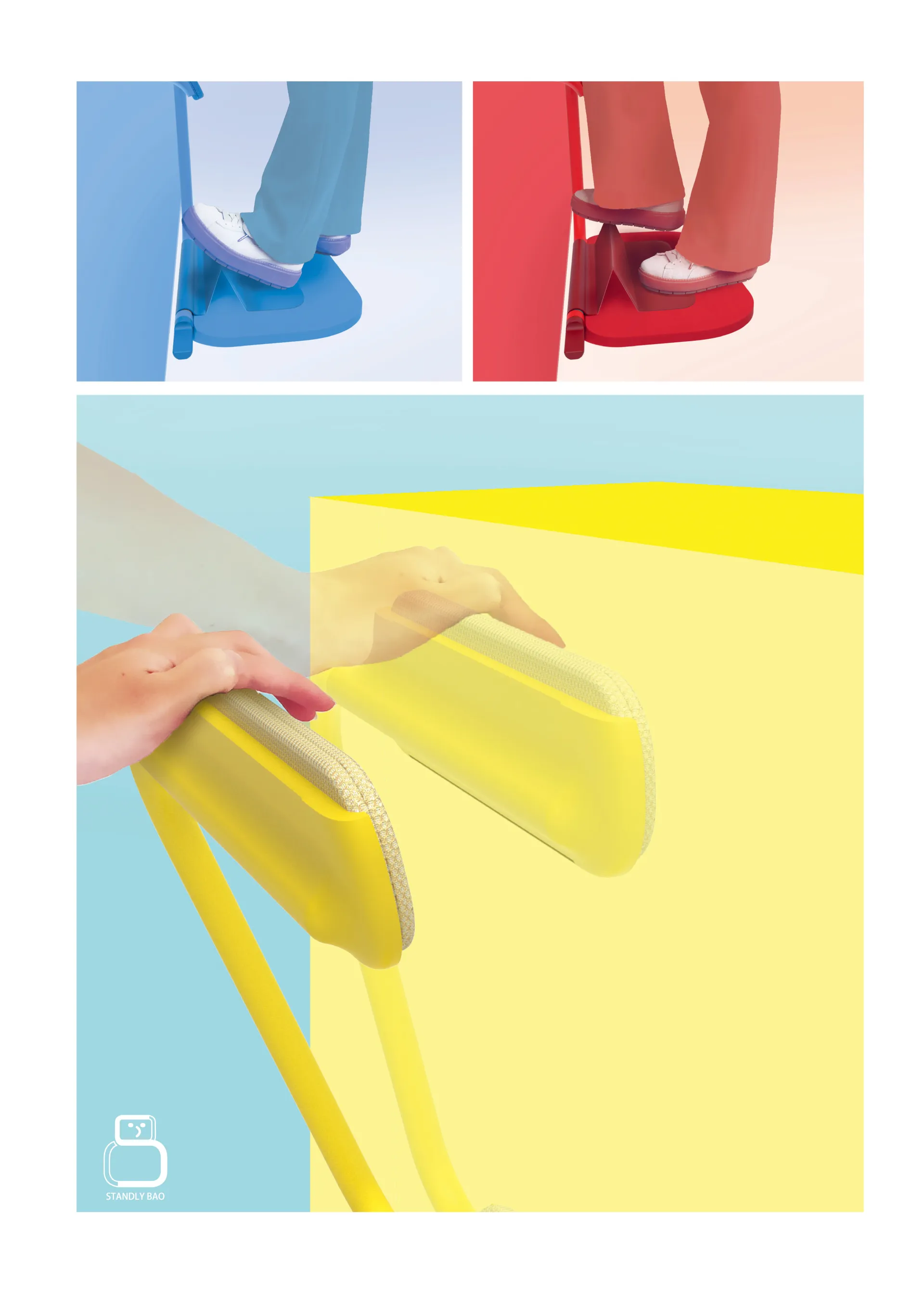 站立宝是一款為久站工作者設計的輔具,讓使用者擁有站立時的機動性並維持良好的精神與姿勢。運用三點支撐達到讓下肢省力減壓的功效, 預防站姿變形。