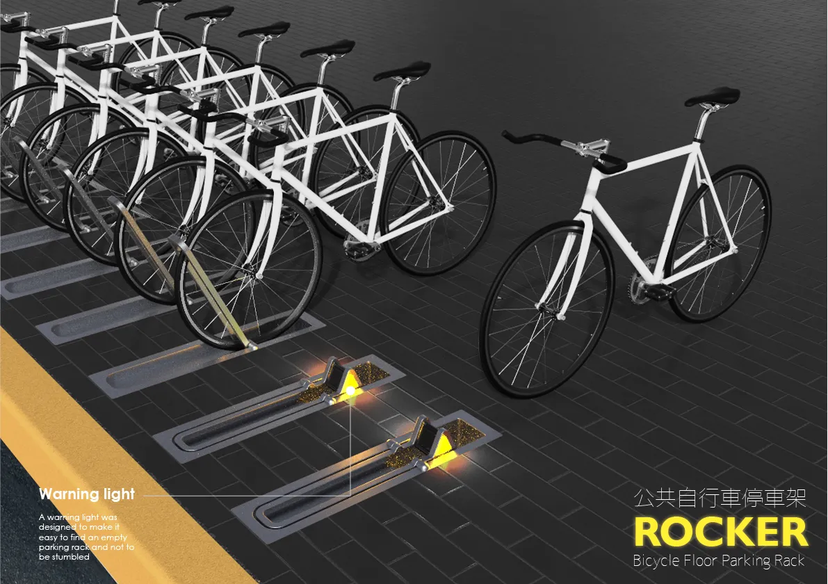 搖臂地板停車架設計了一個警示燈,可容易於找到一個空的停車架,更不會被絆倒。