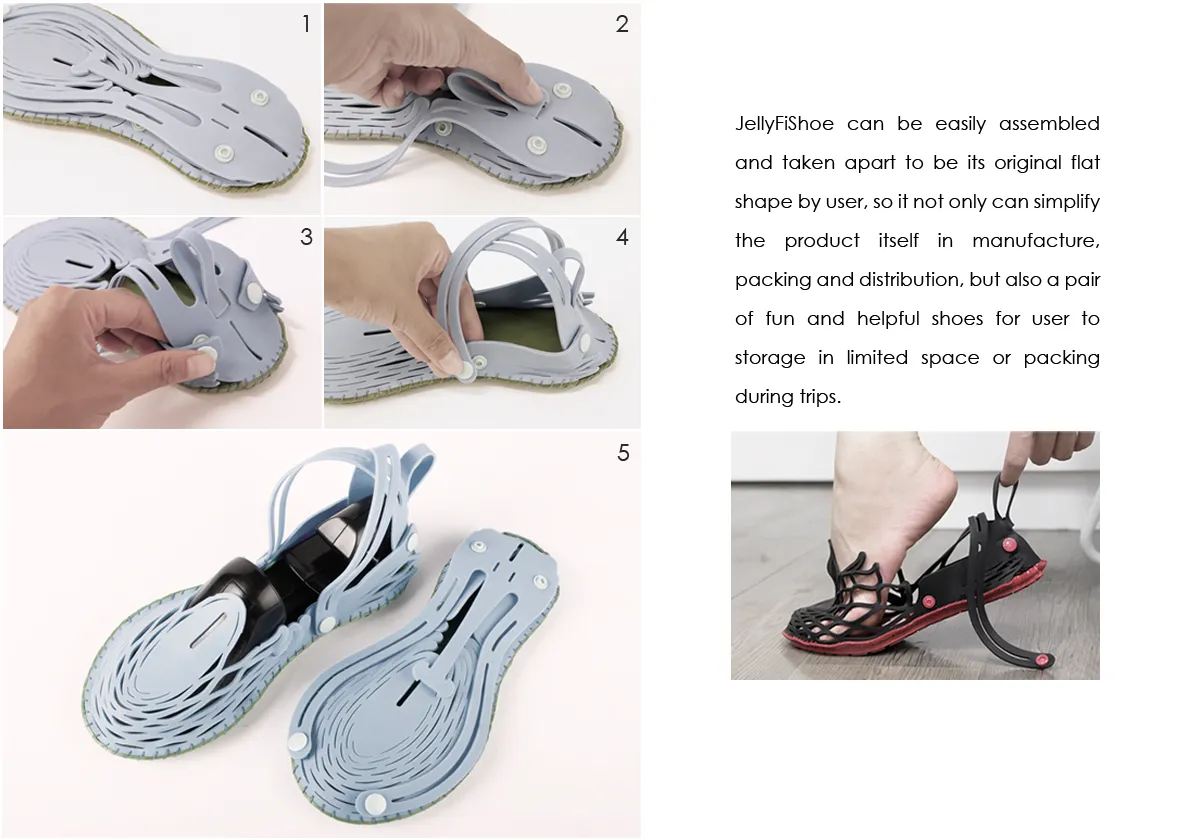 鞋面透過網狀切割達到的網狀拉伸效果,具有包覆變形的特性,穿著時可貼附使用者腳面拉伸變形,脫下後則恢復原本扁平狀態。