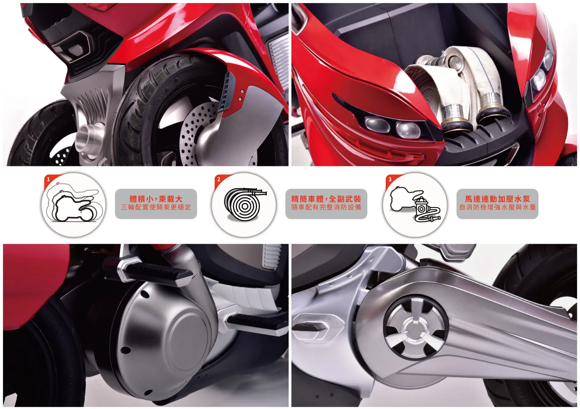 由於摩托車的體型小,在都市通勤的機動性高,不僅可以穿梭車陣,也能輕易地進入消防車無法抵達的狹小巷弄,抵達火場的時間與位置更快速精準。