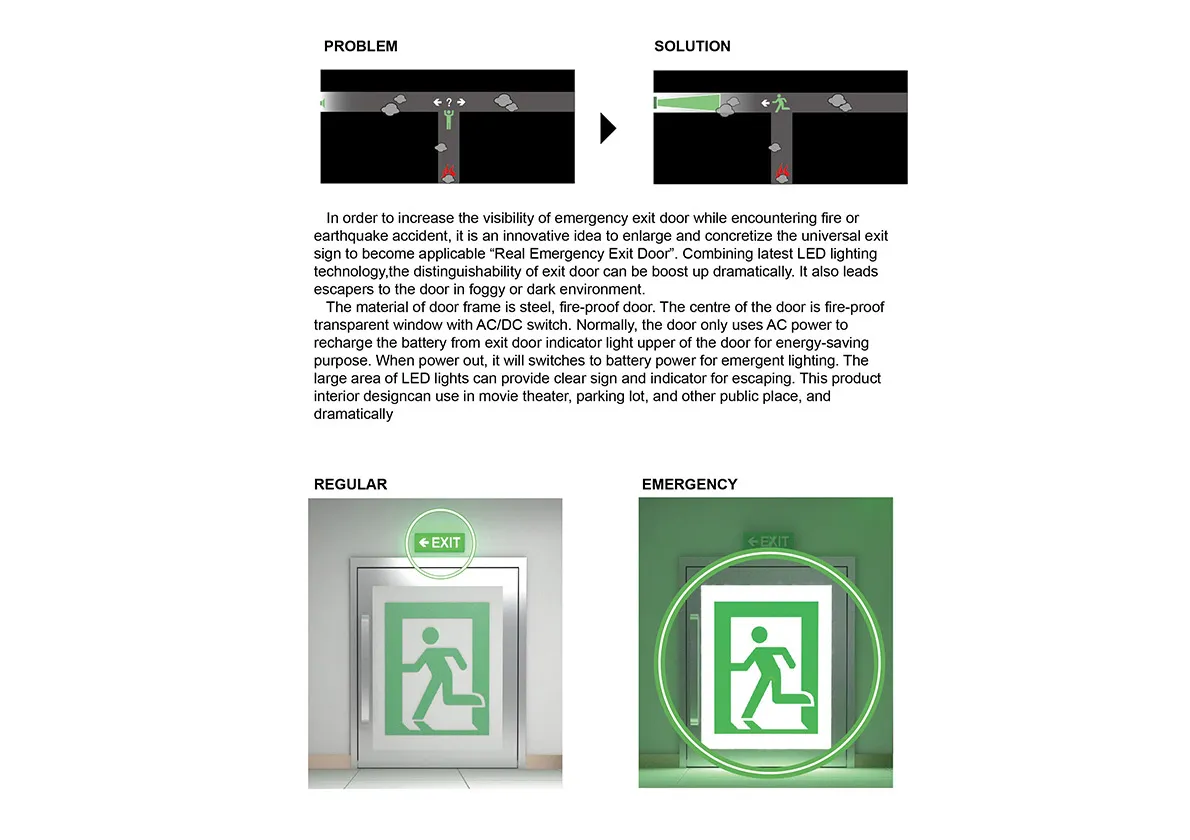當火災或地震等災害發生時，為了要增加安全門被看到的機會，因此將全球通用指示符號EXIT放大並具體化，轉換成實際可運用的Real Emergency Exit Door。本體運用LED照明增加整體辨識度，當煙霧迷漫或停電時，讓逃生者從遠方就能輕易發現，增加成功逃生的機會。