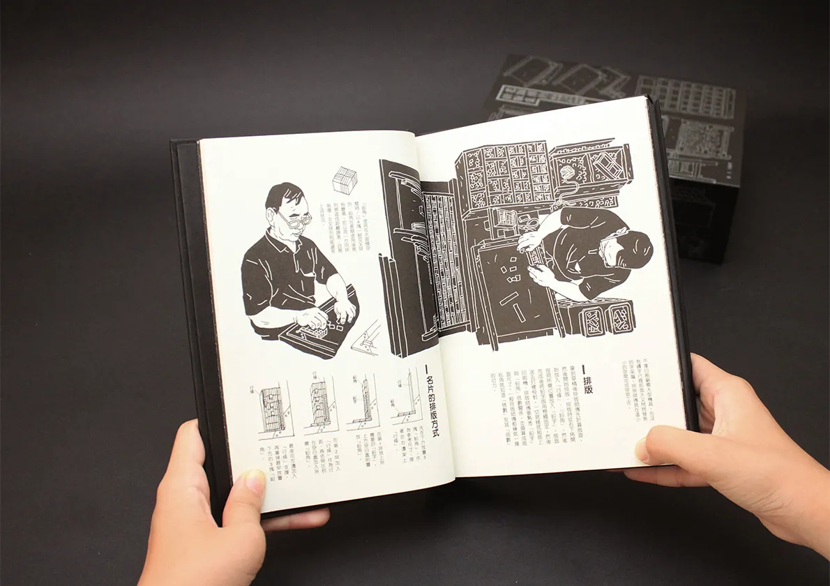 本書包含排版內盒與圖解紀錄,設計師透過插畫圖解活字排版的工法、用簡單的文字說明基本觀念,並設計可拆裝操作的排版內盒,讓過去師徒間多以口頭傳授的活字排版功夫,得以傳承延續。
