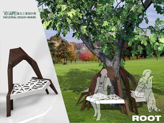 紮根的設計發想來自於大樹的氣根，藉由此設計，讓人坐在小樹邊，有種保護小樹長大的感覺，提供依靠讓小樹穩固的成長；待小樹成長為茂密的大樹後，角色對調成大樹是人們的依靠，讓人們在樹下放鬆自在的呼吸，人與樹和諧共存共享空間，達到共居又互利的目的。