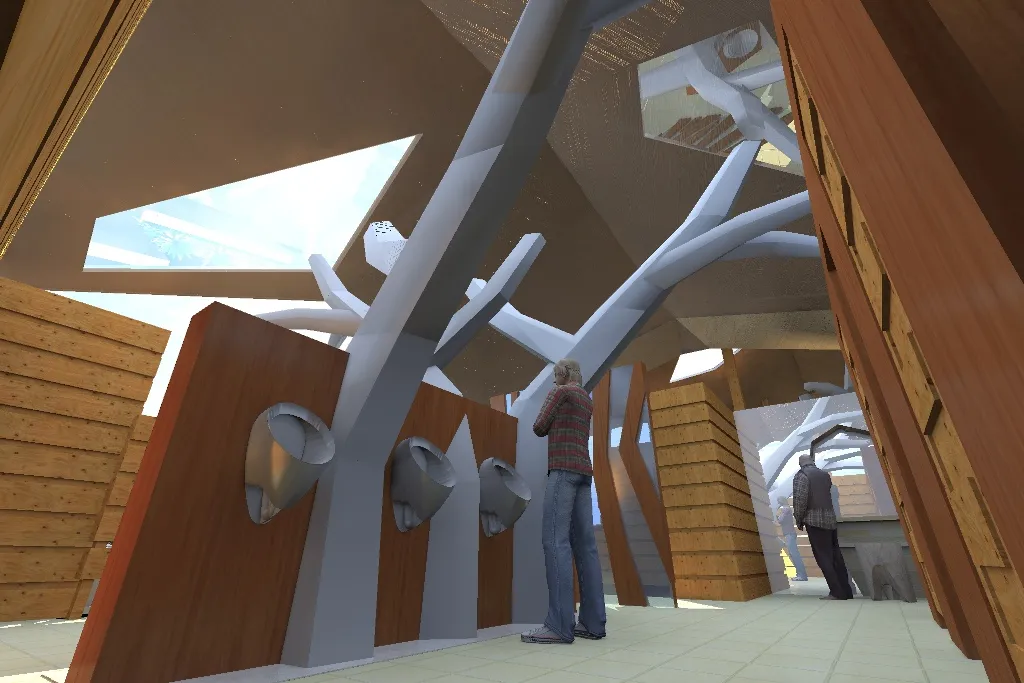 如室內我們選擇乾濕分離,建築外觀方面以樹葉的曲折作發想,為的是以運用自然元素響應景點周遭山水美景,同時我們也將自然元素延伸進廁所內,使內外呼應。