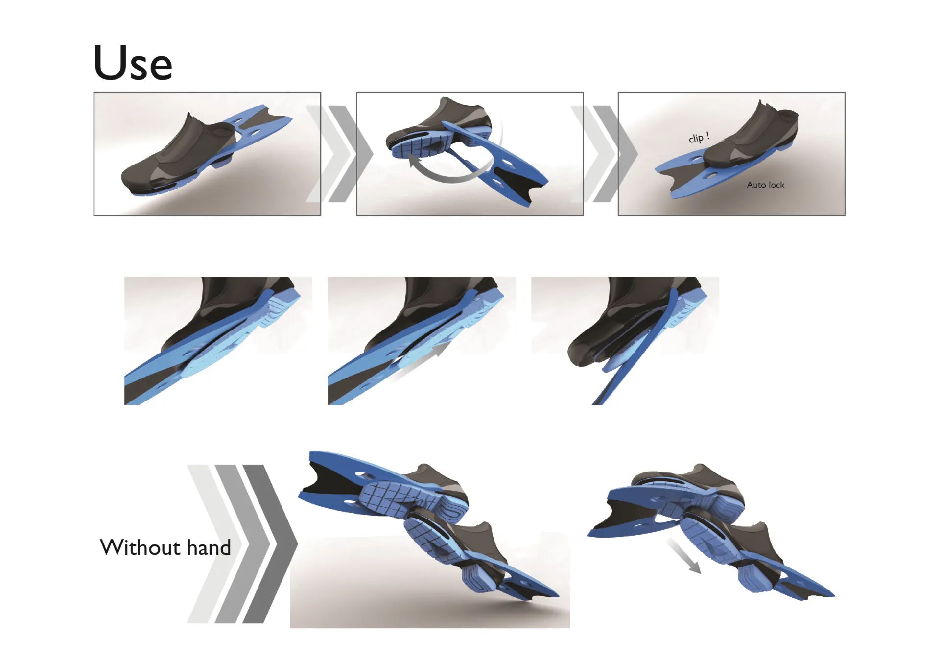 傳統的蛙鞋,非常難行走於地面,那增加了非常多的危險,更不用說如果需要經由礁岩才能進入水中,所以我設計了這款鞋子,不但可以適應多種地形,更可以直接走進水裡並轉換型態。解決了一般蛙鞋需要提著下水再穿或是冒著危險行走到水中。