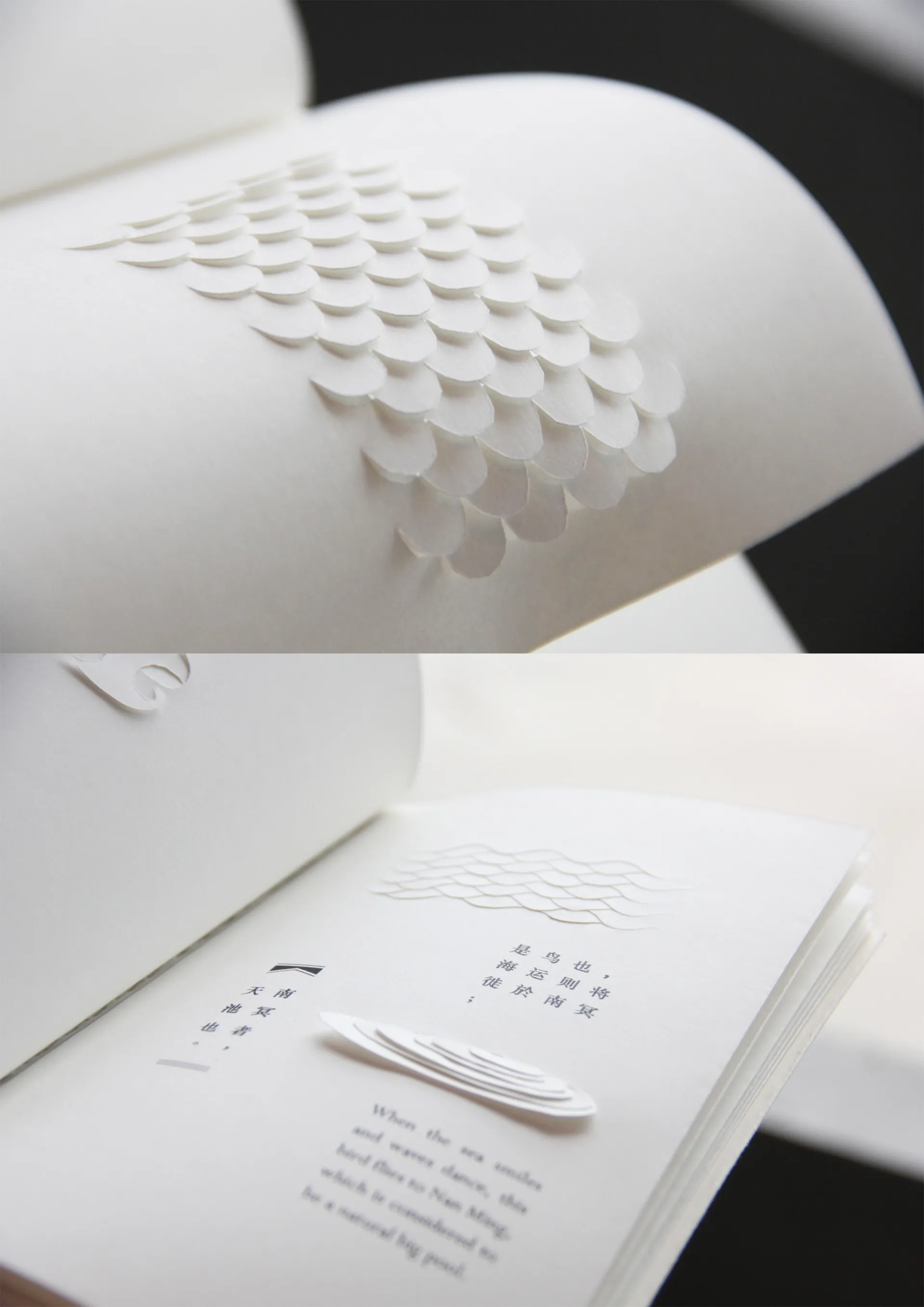 以雕刻的手法进行书籍设计,每页由两张纸穿插而成,立体的图案与文字交相呼应,用纸的层次表现鹏脊、鱼鳞、旋风、天池等意象。