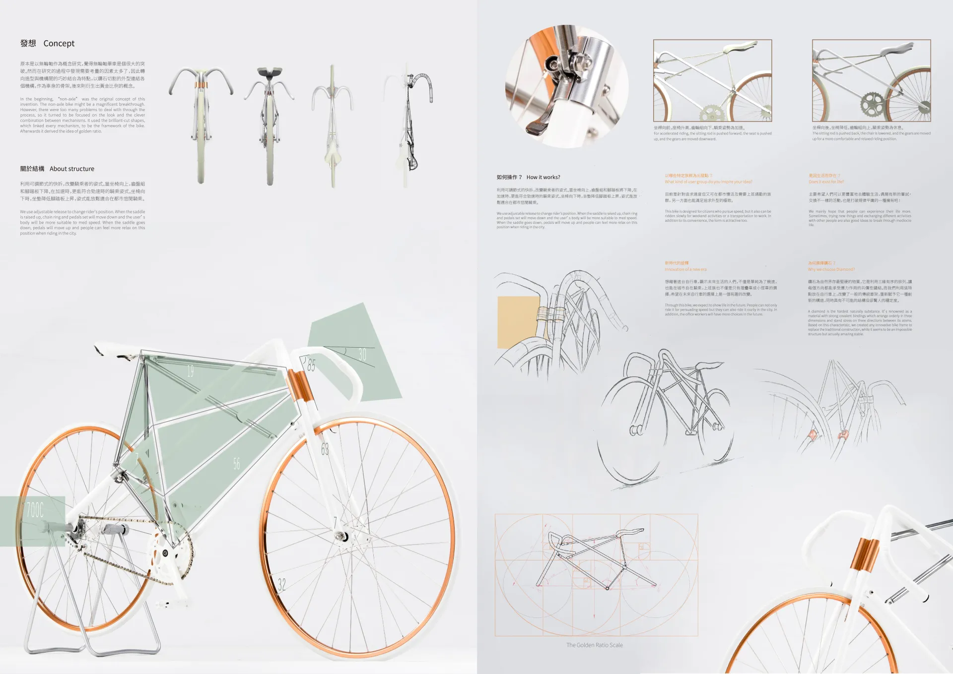 以鑽石切割的外型連結各個機構，作為車身的骨架。後來則衍生出黃金比例的概念。 利用可調節式的快拆，改變騎乘者的姿式。
