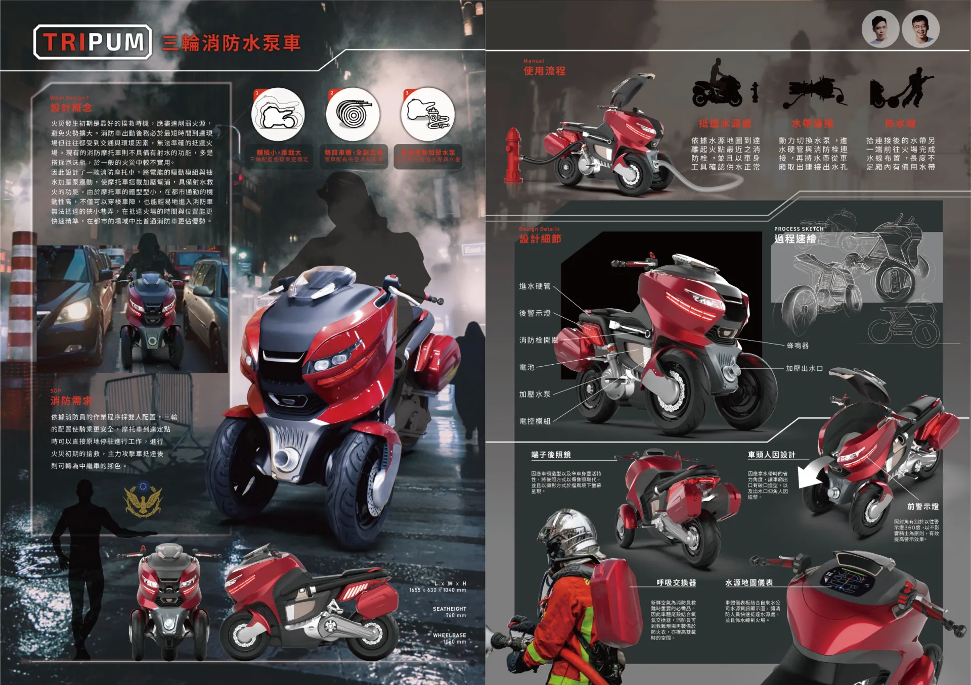 設計理念將電動摩托車搭載加壓水泵,搭配驅動模組與加壓水泵切換系統,具備使用消防栓水源加壓救火的功能。