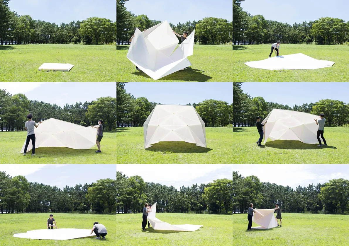 The shelter we propose provides a private space full of light in disaster situations. In a non-emergency situation, it is convenient during outdoor events. Its inviting half-open dome form attracts people, giving it a focal character. The half dome can be easily set up on the occasion of emergency or events, and can immediately be flattened when the occasion is over. 