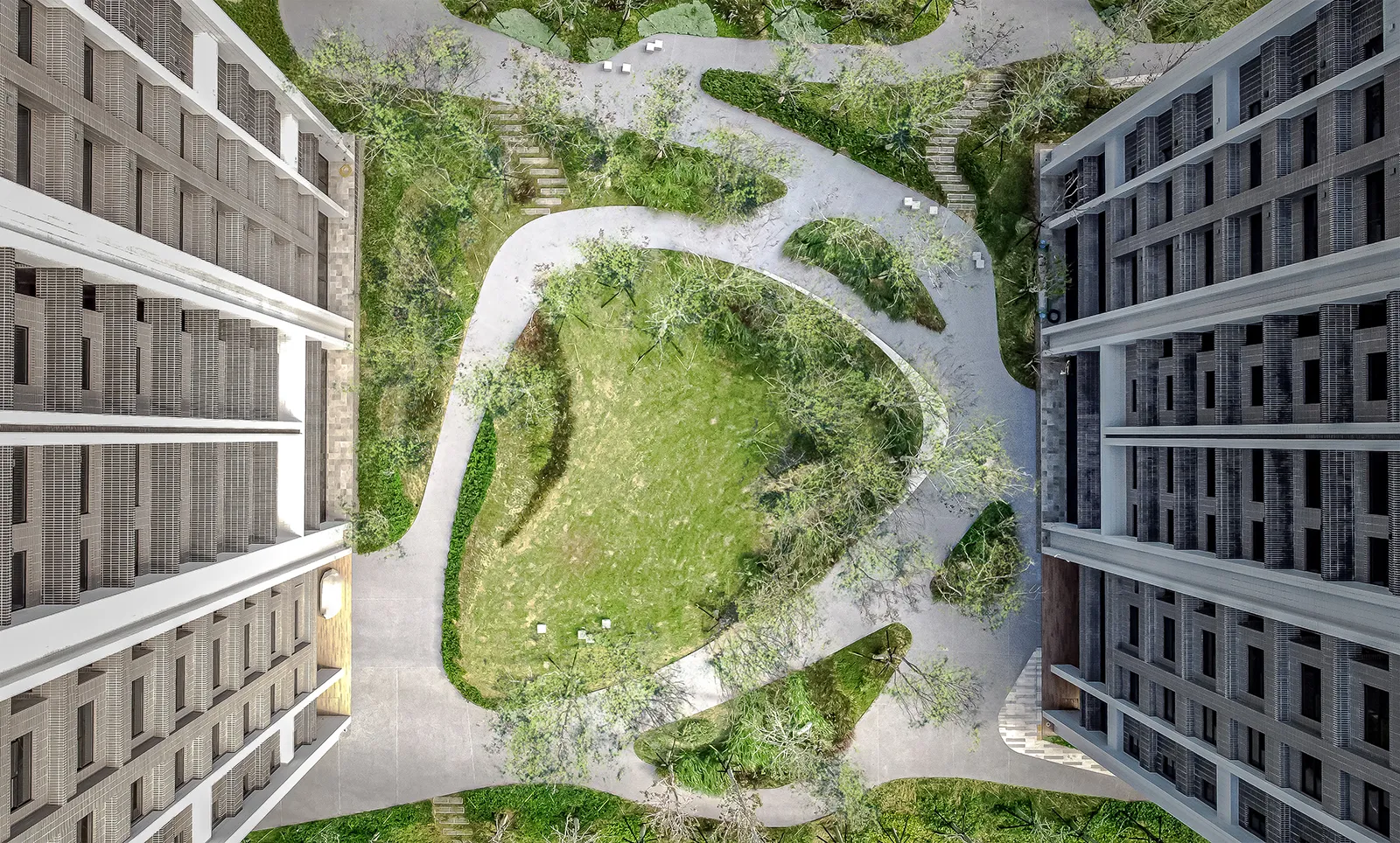 在空照圖上看，兩棟建築恍如藝術裝置座落於野地山坡公園之中