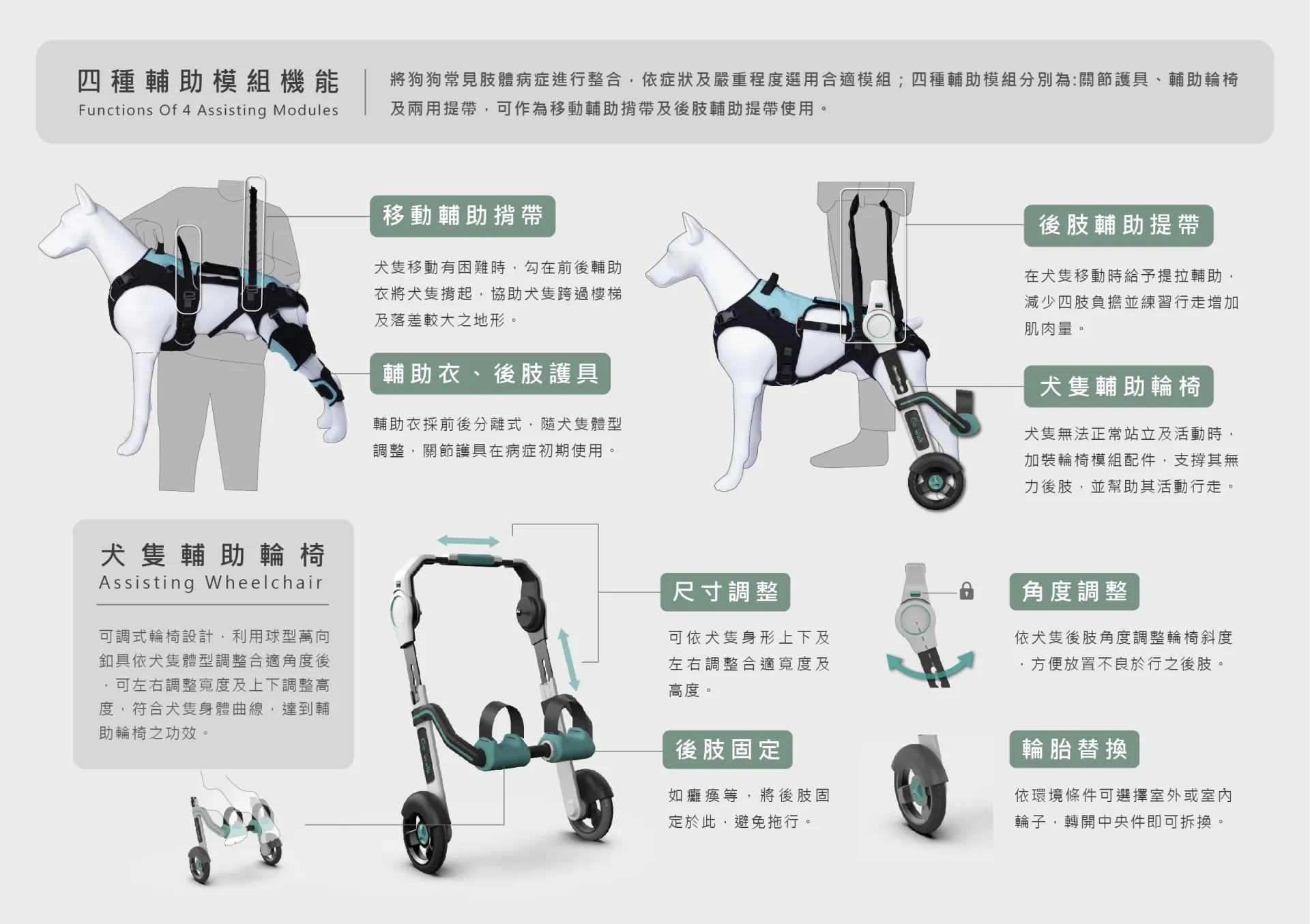 透過模組化配件設計，讓飼主可依需求、環境選擇輪椅、提帶等輔具進行使用