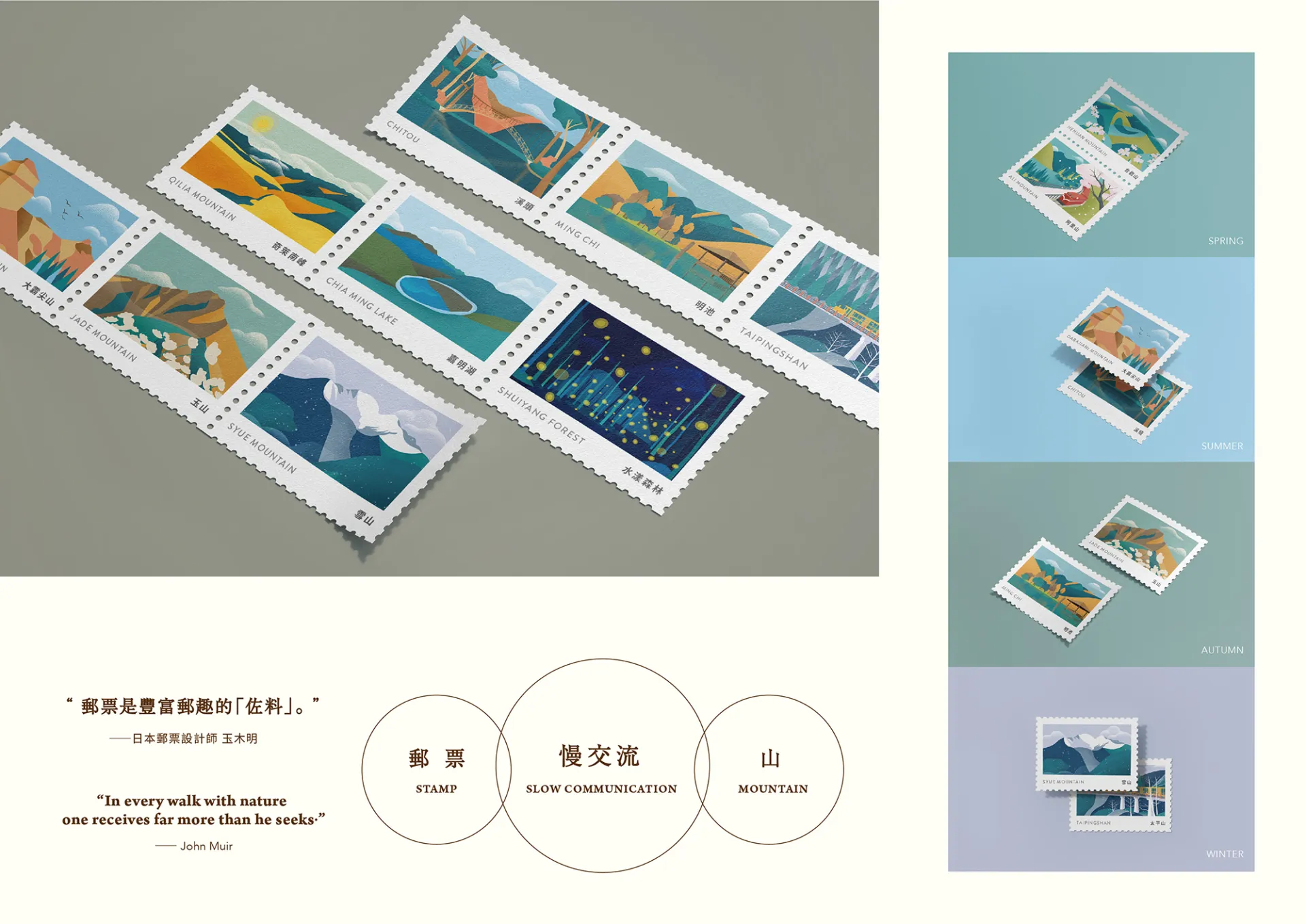 因此我們蒐集了從森林到高山最適合四季遊樂的山行景點,透過「郵票與登山」之間「慢交流」的共通性,讓每個人都能收藏與發現臺灣之美。