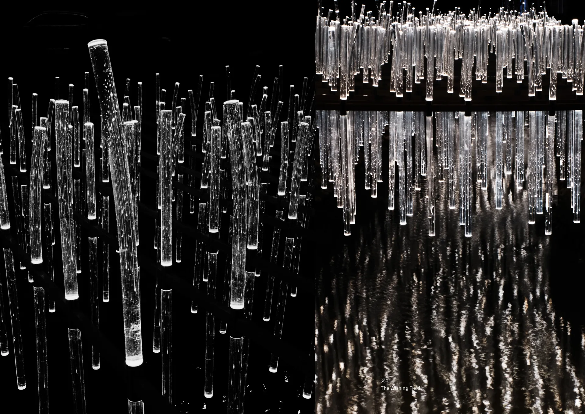 裝置形態借鑑插秧的方式,模仿風吹穀動時所泛起的稻浪美景,把消失的稻田風光重現在生命川流之上,透過三千八百條希望之光點亮整片城市綠洲